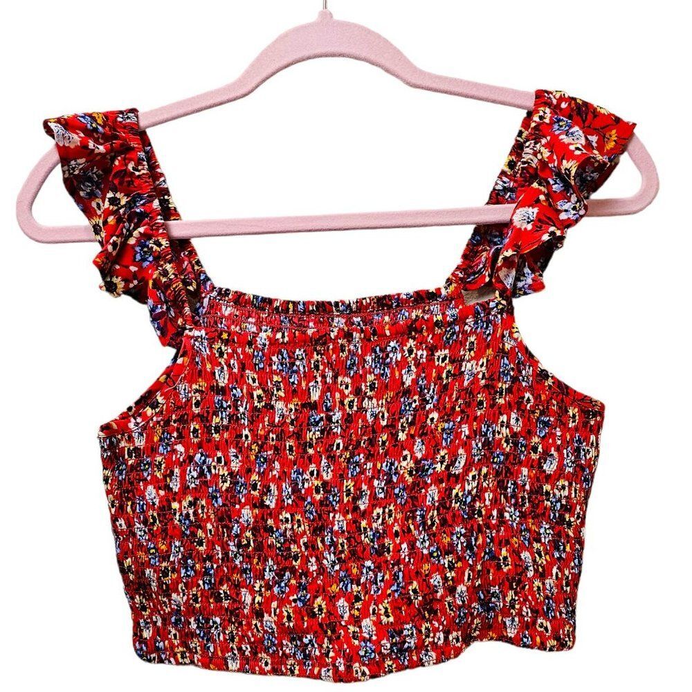 NWT BOG Collective Red Floral Cropped Top Ruffled Straps Smocked Body Size M